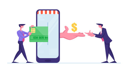 People Interacting with Mobile Phone for Buying Things Using Cashless Payment. Business Man Character Put Credit Card in Smartphone for Online Shopping or E-commerce. Cartoon Vector Illustration