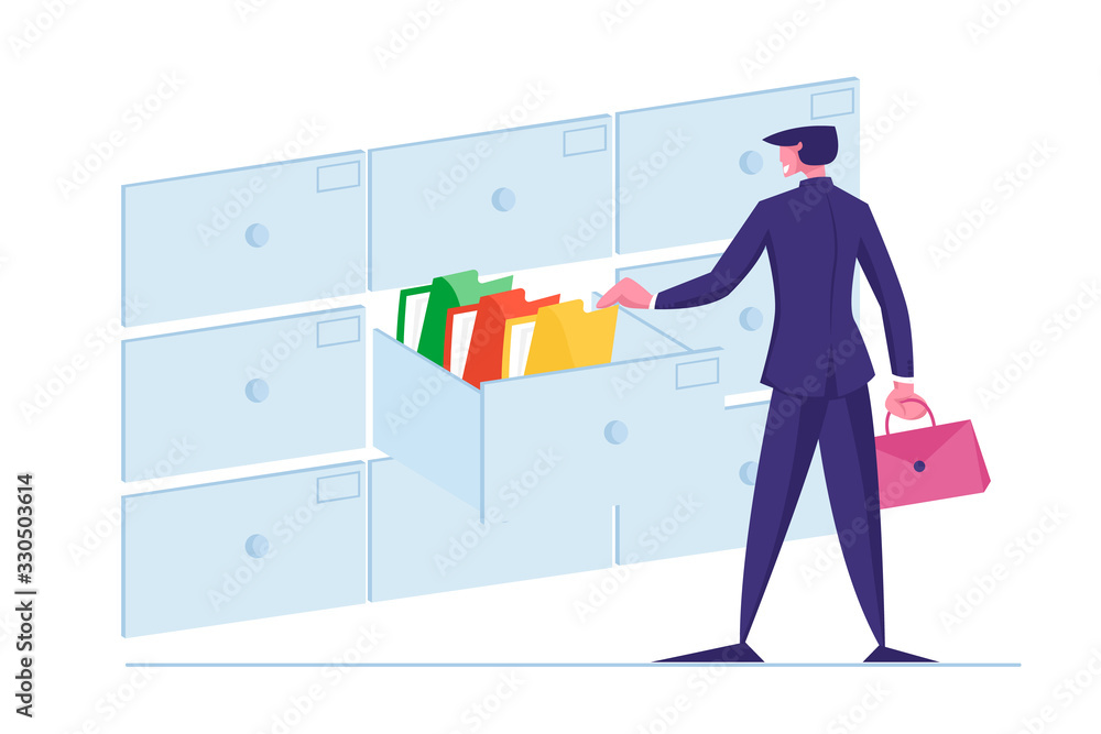 Poster office clerk character searching for files into filing cabinet drawer, business administration and d