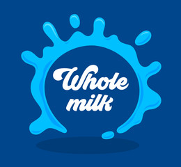 Whole Milk Banner or Label with Splash on Blue Background and Typography. Healthy Food Concept, Dairy Product Icon, Symbol or Sign for Poster Design. Organic Production Package. Vector Illustration