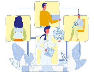 Female Doctor Giving Online Medical Presentation Cartoon. Specialist on Screen Talking about Spine Pain in Lower Back and Pelvic Causes. Correct Body Postures Advices. Vector Flat Illustration