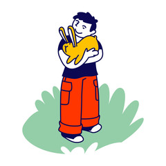 Happy Boy Character Hugging Cute Little Rabbit in Farm Zoo. Care of Animals, Excursion to Ranch or Village Farmyard, Summer Spare Time, Leisure. Communication with Animals. Linear Vector Illustration