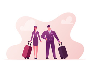 Aviation Insurance Concept. Pilot and Stewardess Characters with Luggage Prepare Flying on Airplane. Air Travel Protection Guarantee, Aircraft Crew Profession. Cartoon People Vector Illustration