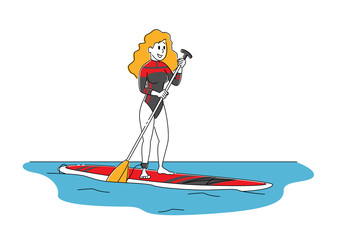Woman Paddling on SUP Board. Young Female Character Wear Sportive Swimwear Holding Paddle Stand on Surfboard. Outdoors Summertime Water Sport Activity, Recreation, Leisure. Linear Vector Illustration