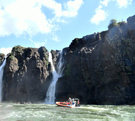 a trip to the roaring waterfalls on the river in a motor boat in a national park in brazil