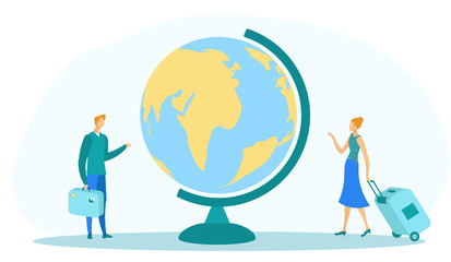 People Standing near Huge Globe Earth with Luggage and Case Flat Cartoon Vector Illustration. Travel Concept. Tourists Traveling around World. Woman and Man Having Trip. Travel Agency.