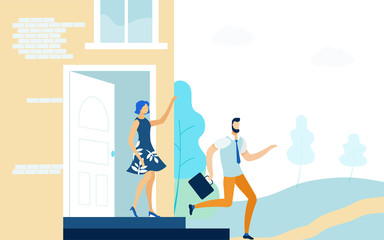 Wife Send Husband to Work Flat Vector Illustration. Young Married Couple Cartoon Characters. Lady in Dress Waving Hand, Man with Briefcase Running away. Happy Marriage, Traditional Family Values