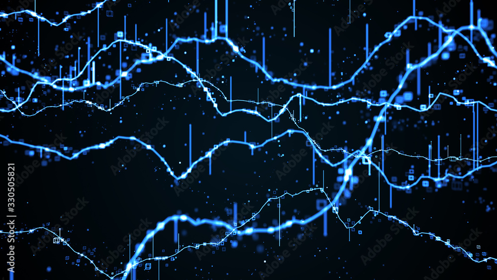 Poster 3d render background of abstract wave of digital graph. marker or business theme. a lot of particles