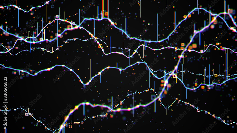 Poster 3d render background of abstract wave of digital graph. marker or business theme. a lot of particles