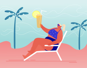 Young Woman Lounging and Drinking Cocktail on Chaise Lounge under Sun Rays Relaxing on Sea Beach at Summer Time Vacation. Girl Tourist Character Relax on Seaside Resort. Cartoon Vector Illustration