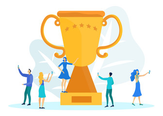 Office Workers Celebrating Gold Trophy Flat Cartoon Vector illustration. People Getting Cup, Teamwork in Company. Woman Standing on Award and Taking Photos. Victory in Competition.