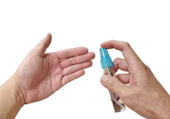 alcohol or gel based hand sanitizer spraying on hand to washing and cleaning disease in white background