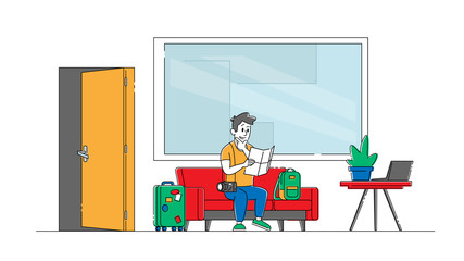 Tourist with Luggage Sitting on Couch in Hostel Lobby Learning Map. Male Traveler Character Move to Cheap Guesthouse for Stay at Night or Accommodation, Hospitality Service. Linear Vector Illustration