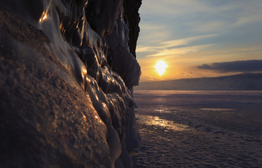 Sunset scene on Baikal Lake in winter