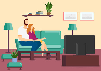 Man and Woman Watching Television at Home. Man and Woman on Sofa. Family Spend Weekend Together. Home Interior. Vector Illustration. Man Hugging Woman. Happy Day. Girl Show Hand on Tv.