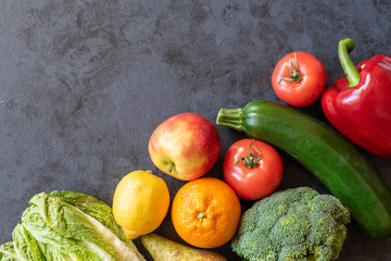 Fresh vegetables and fruits background. Flat lay. Copy space.