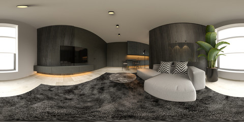 360 panorana black minimalist Interior of modern living room 3D rendering