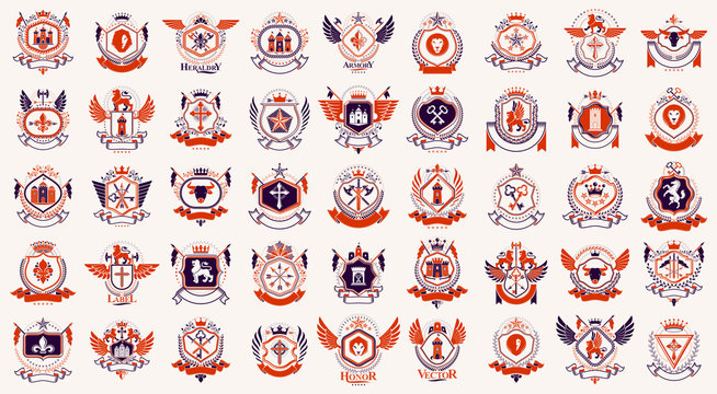 Heraldic Coat of Arms vector big set, vintage antique heraldic badges and awards collection, symbols in classic style design elements, family or business logos.