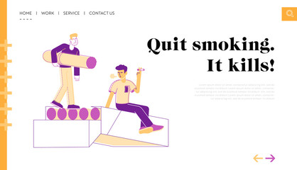 Unhealthy Habit, Smoking Nicotine Tobacco Addiction Landing Page Template. Tiny Male Characters Smoking Sit on Huge Cigarette Box . People Get Pleasure of Smoker Lifestyle. Linear Vector Illustration