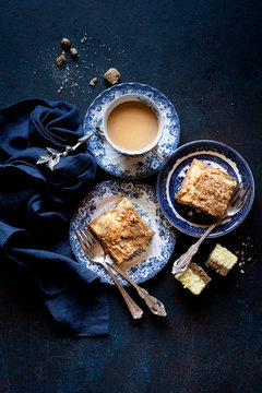 Gluten-free Coffee Cake with Coffee against a dark blue background