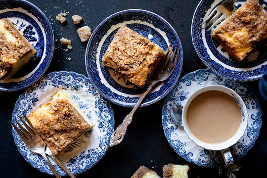 Gluten-free Coffee Cake with Coffee against a dark blue background