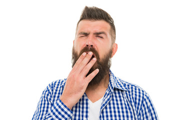 Obraz premium Boring concept. Man bored yawning white background. Fed up. Feel tired and sleepy. Sleepy guy. Bored worker yawning. Hipster cover mouth with palm while yawning. Why people yawn. Show indifference