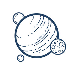 Unknown planet with satellites vector linear icon, space science or fiction literature symbol.
