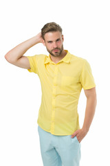 Fototapeta premium Portrait of handsome young man. Handsome sexy man isolated on white. Mens beauty, fashion model. Hair styling concept. casual style in everyday life. well dressed guy. Sexy model posing