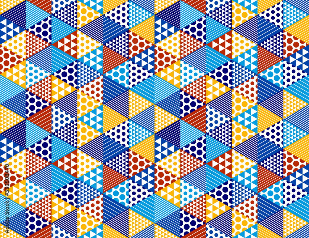 Poster 3d cubes seamless pattern vector background, rhombus and triangles dimensional blocks, architecture 