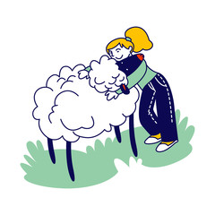 Happy Girl Character Hugging Cute Sheep in Farm Zoo. Care of Animals, Excursion to Ranch or Village Farmyard, Summer Spare Time, Family Leisure. Communication with Animals. Linear Vector Illustration