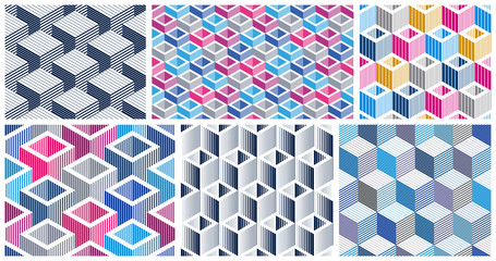 Obraz premium Geometric 3D seamless patterns with lined cubes, stripy boxes blocks vector backgrounds set, architecture and construction, wallpaper designs.