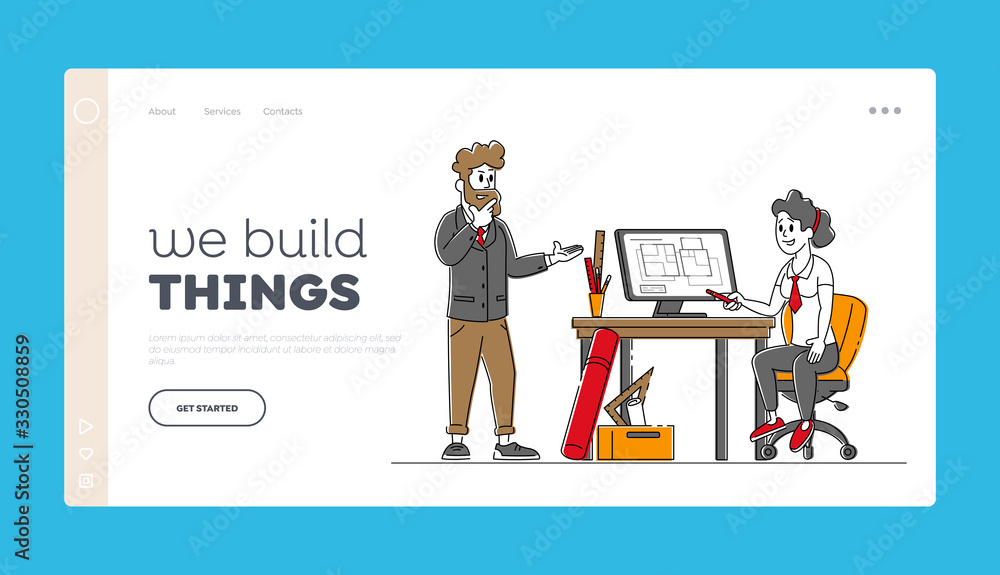 Poster architects characters working in office on building plan landing page template. designers create hou