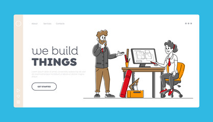 Architects Characters Working in Office on Building Plan Landing Page Template. Designers Create House Project in Design Studio or Engineer Room, Artist Workspace. Linear People Vector Illustration