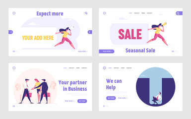Fototapeta na wymiar Pr Agency Advertising Alert, Teamwork and Finance Problems Landing Page Template Set. Woman with Ad Banner, Man Sit in Hole, Male Female Characters Business Team. Cartoon People Vector Illustration