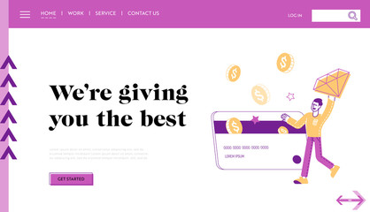 Loyalty Program for Regular Clients Landing Page Template. Man Character Hold Brilliant with Golden Coins and Stars Fall to Huge Plastic Card, Bonus System for Customer. Linear Vector Illustration