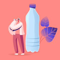 Tiny Male Character Drinking Bottle Water with Microplastic Pieces. Ecological Earth Nature Pollution, Micro Plastic Contamination, Planet Eco System Environment Concept. Cartoon Vector Illustration