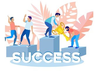 Business Success, Leadership Flat Cartoon Banner Vector illustration. People Holding Award or Trophy for Successful Projects, Reaching Goal, Winning Competition. Teamwork in Company.