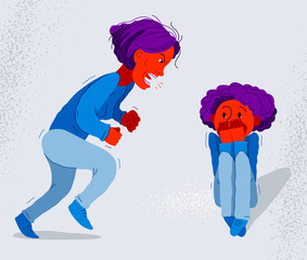 Abusive mother vector illustration, bad mother scream and shout on little frightened kid boy her son, domestic violence, victim child, despotic parent, psychological violence abuse.