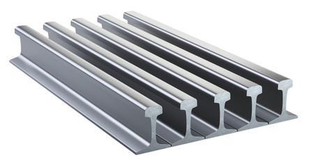 Steel rails for railway track stacking in stock.