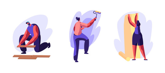 Set of Men and Women with Tools Repair Home. Call Master at Work Install Laminate, Husband for an Hour Service. Female Characters Painting Walls and Glue Wallpapers. Cartoon People Vector Illustration