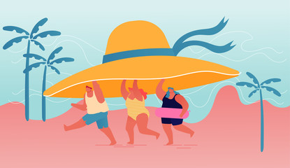 Obraz na płótnie Canvas Summer Time Season, Vacation Concept. Tiny People Carry Huge Tropical Hat Enjoying Summertime Holidays, Relaxing on Beach. Characters Playing on Seaside of Exotic Resort. Cartoon Vector Illustration