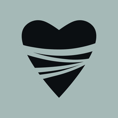 Abstract black heart symbol, icon on gray backdrop. Design element