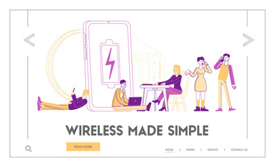 Battery Low Level Wireless Charging Landing Page Template. Characters Charge Devices, Mobile Phones and Gadgets. Young People Use Smartphones and Tablets Near Big Battery. Linear Vector Illustration
