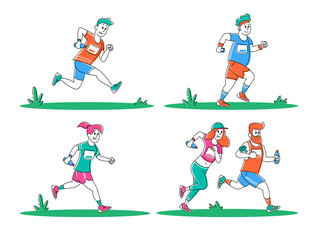 Fototapeta na wymiar Set of Young People Running City Marathon Distance. Sport and Jogging Exercise, Competition Tournament. Athlete Sprinter Sportsmen Sportswomen Characters Run Sprint Race. Linear Vector Illustration