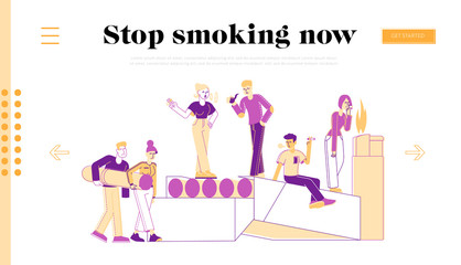 Smokers and Smoking Addiction Landing Page Template. People Smoke near Huge Cigarettes Box. Young Man with Pipe in Public Place. Male and Female Characters Have Bad Habit. Linear Vector Illustration