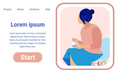 Flat Starting Page Design Template for Trendy Online Business Project. Illustration with Copy Space for Your Text. Young, Thoughtful, Casually Dressed Woman, Having Her Coffee, Sitting on Chair.