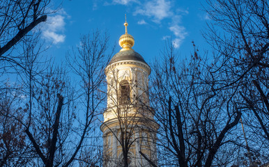 The bell tower of the Church of the Icon of the Mother of God "Joy of All Who Sorrow" on Ordynka Street in Moscow.