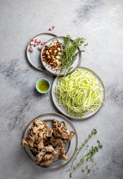 Vegetarian zukkini Pasta with mushrooms.  Uncooked ingredients