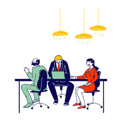 Business Board Meeting of Director and Employees in Office. Businesspeople Characters Brainstorming Group around Table Planing Start Up Project and Solving Finance Problems. Linear Vector Illustration