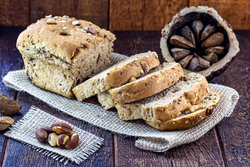 vegan Brazil nut bread made in Brazil. Homemade bread, without sugar, for diet. Healthy living concept.The Brazil nut is called in the country 
