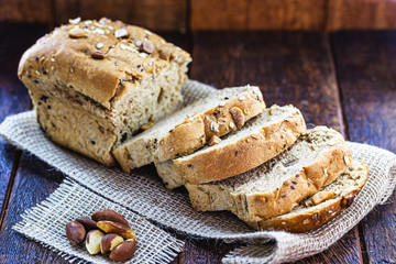 vegan Brazil nut bread made in Brazil. Homemade bread, without sugar, for diet. Healthy living concept.The Brazil nut is called in the country "par&aacute; nut"
